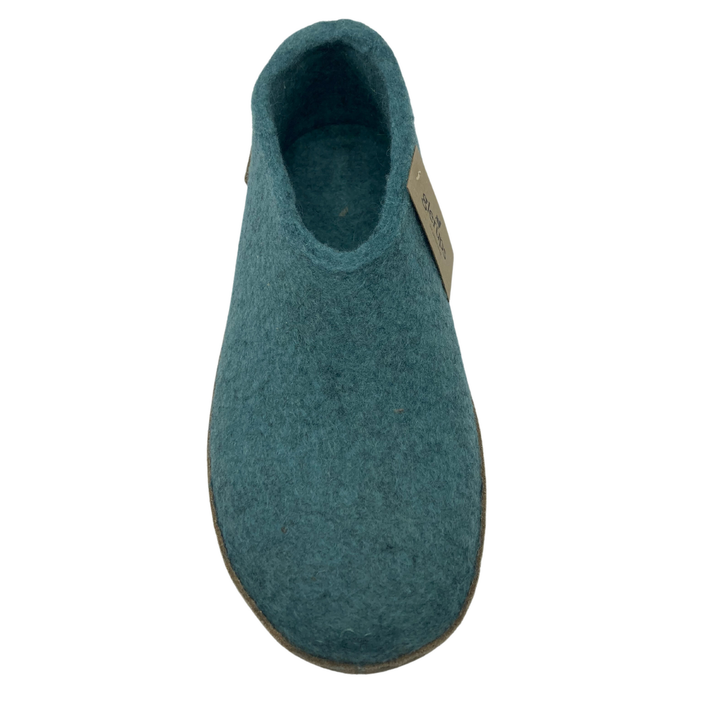 Top view of felted wool shoe with rounded toe