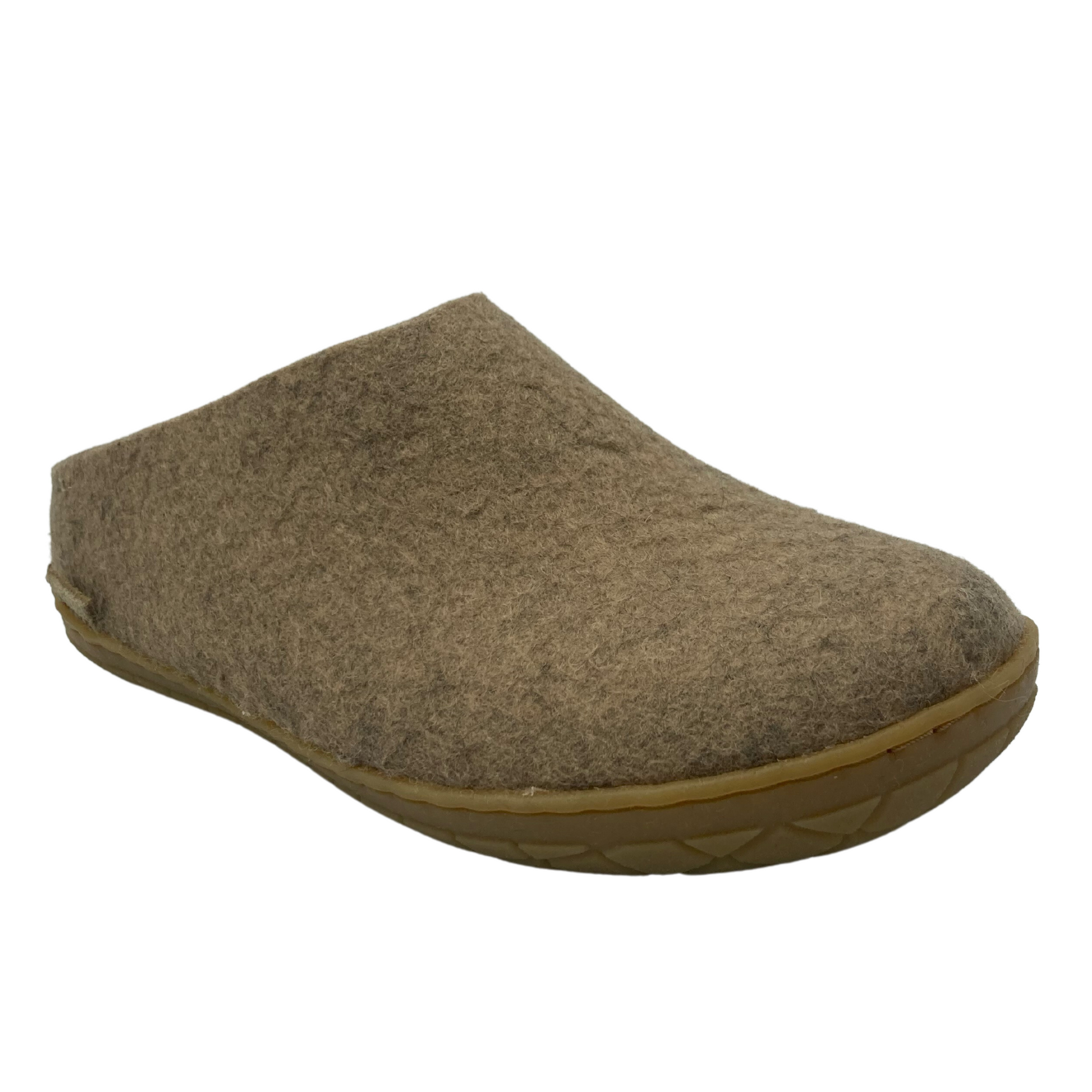 45 degree angled view of felted wool slip on shoe with brown rubber sole