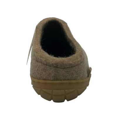 Back view of felted wool slip on shoe with low back and brown rubber outsole