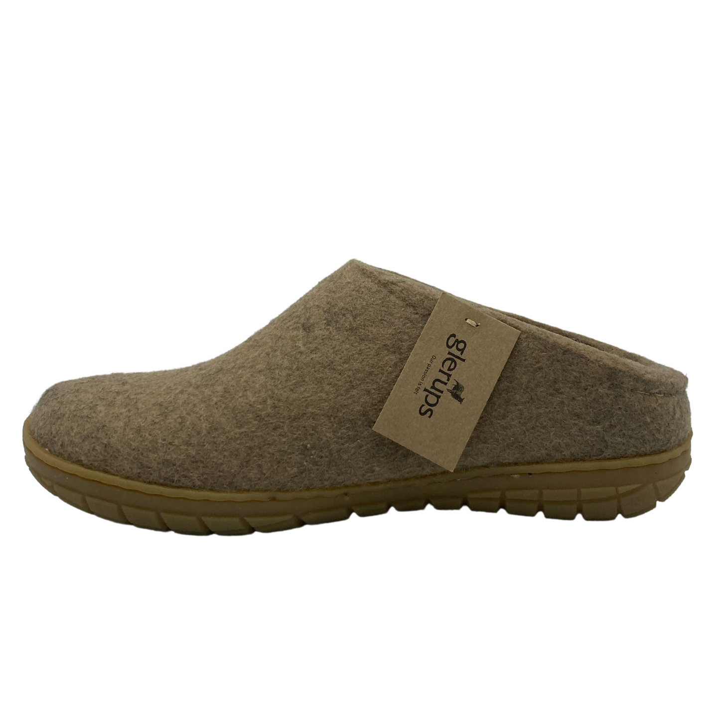 Left facing view of felted wool slip on shoe with brown rubber outsole