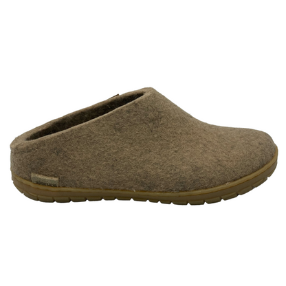Right facing view of sand felted wool slip on shoe with brown rubber sole