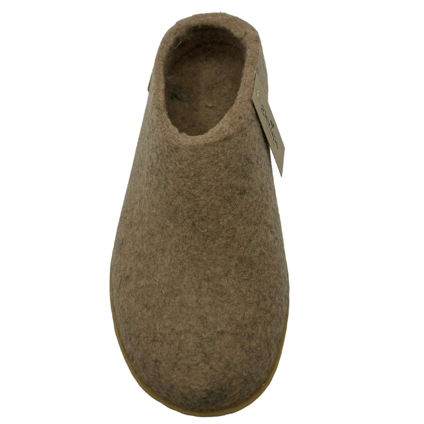 Top view of felted wool slip on shoe with rounded toe and brown rubber outsole