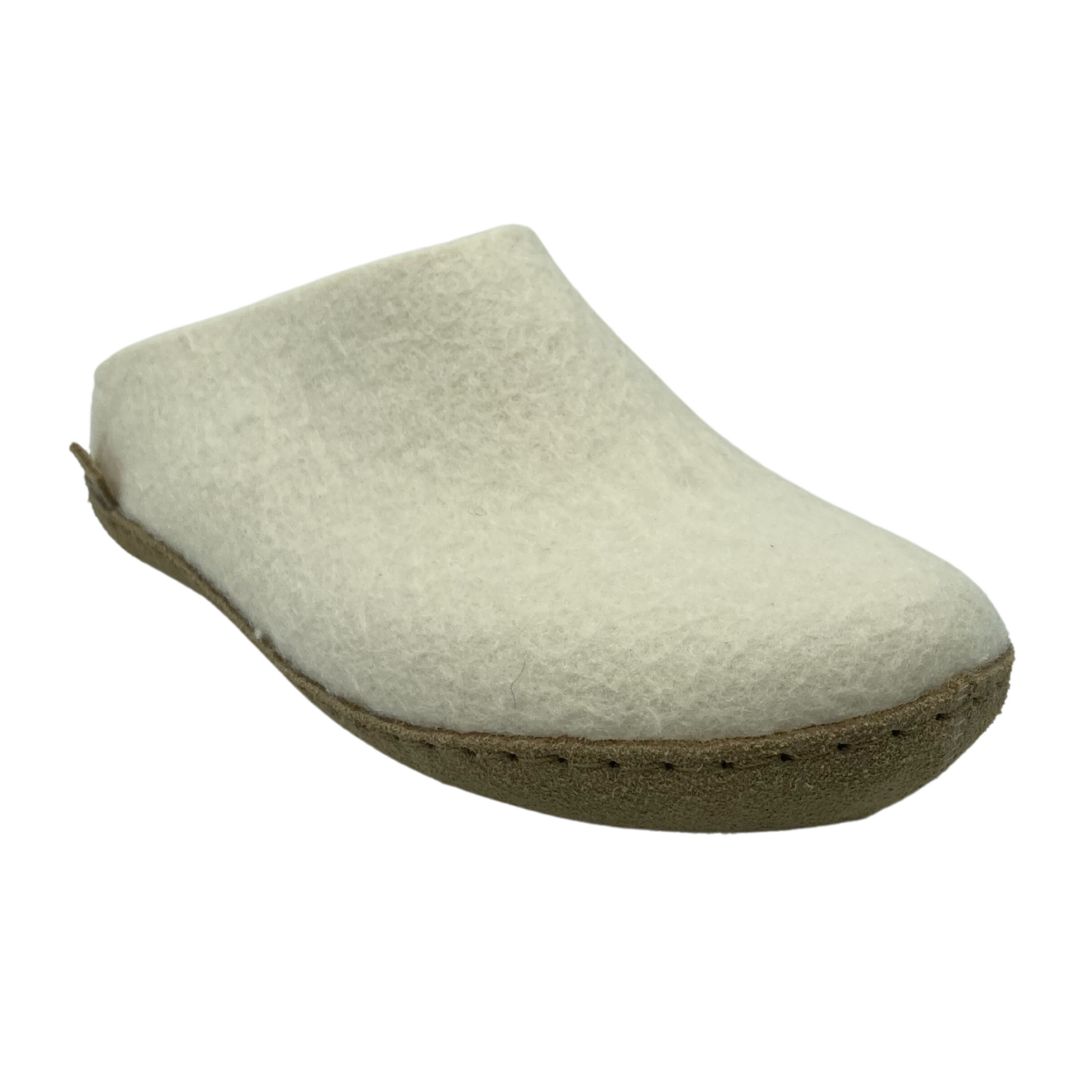 45 degree angled view of white felted slip-on shoe with leather sole
