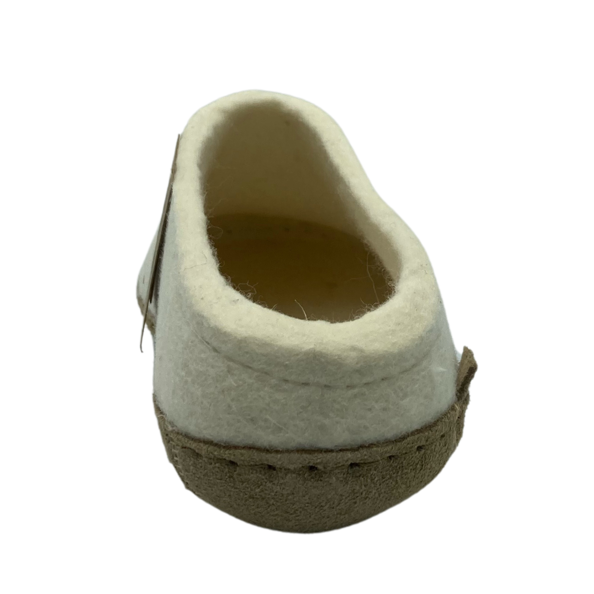 Back view of white felted wool slip-on shoe with brown leather outsole