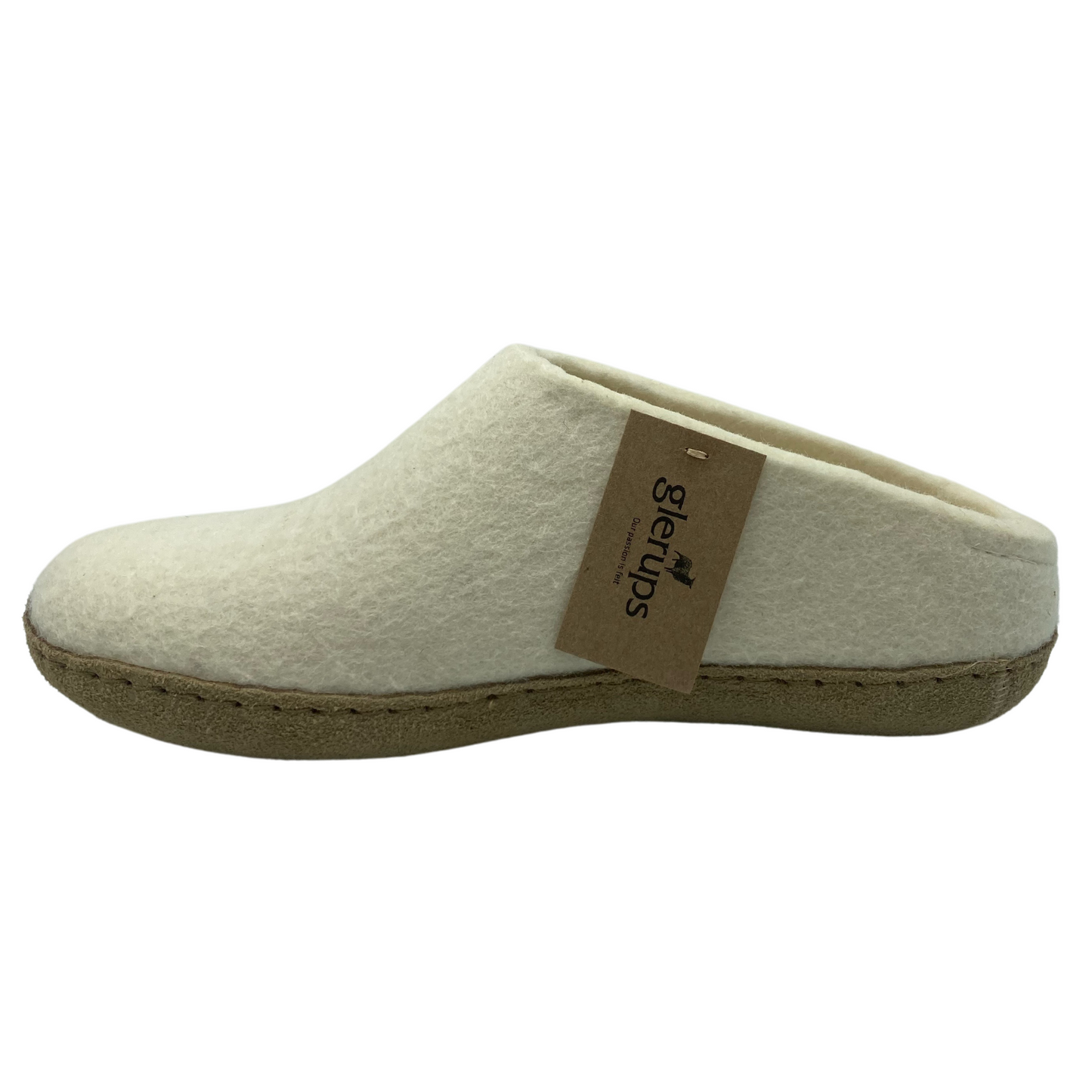 Left facing view of white felted wool slip-on shoe with brown leather outsole