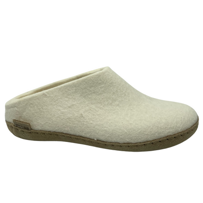 Right facing view of white felted wool slip-on shoe with brown leather sole