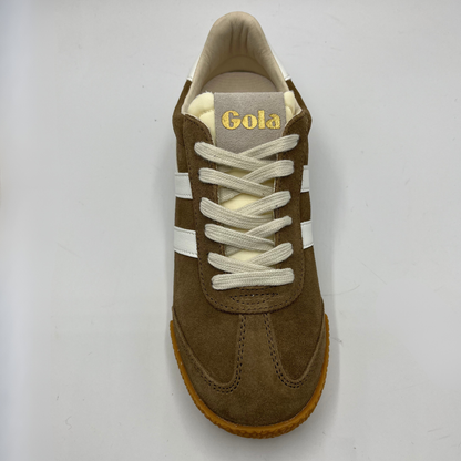 Brown sneaker with white laces and 'Gold' branding on a light gray background