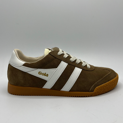 Brown and white sneaker with 'Gola' branding on a gray background