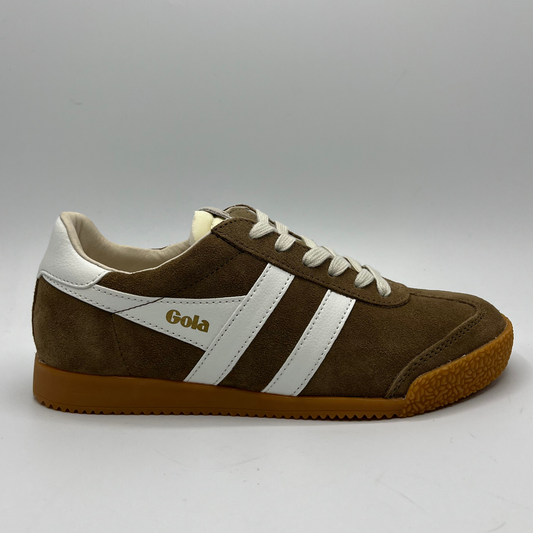 Brown and white sneaker with 'Gola' branding on a gray background