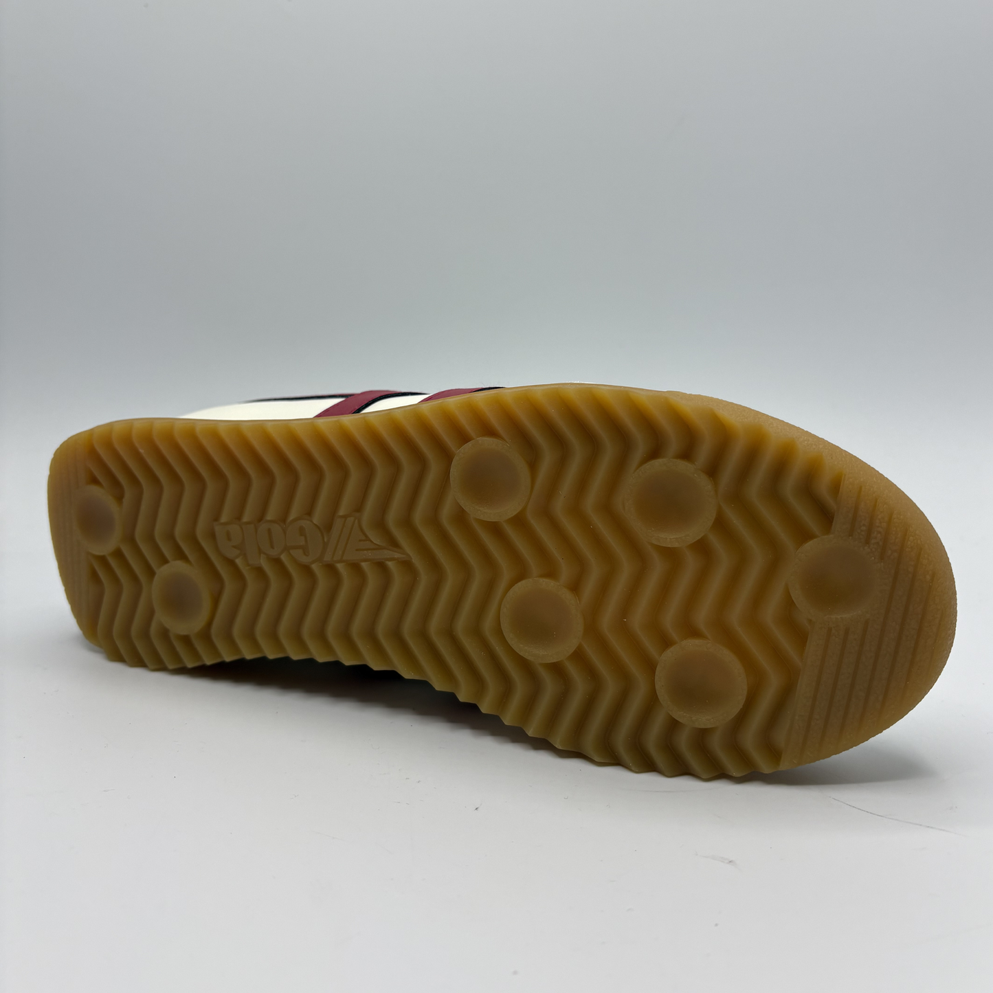Close-up of a shoe sole with a textured pattern on a white background