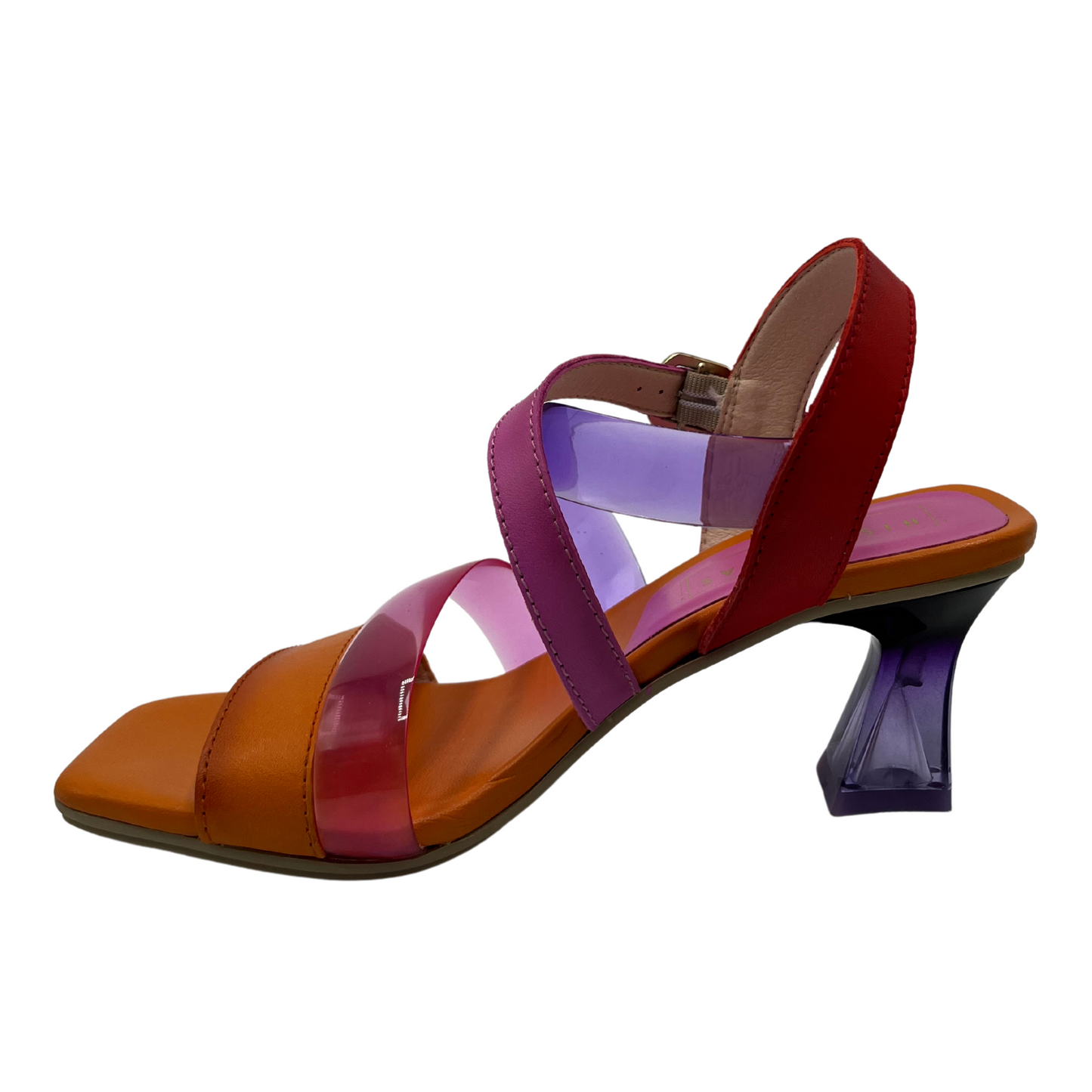 Left facing view of multi strap sandal with flared heel and square toe