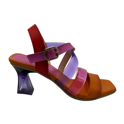 Right facing view of multicoloured strapped sandal with flared heel and square toe