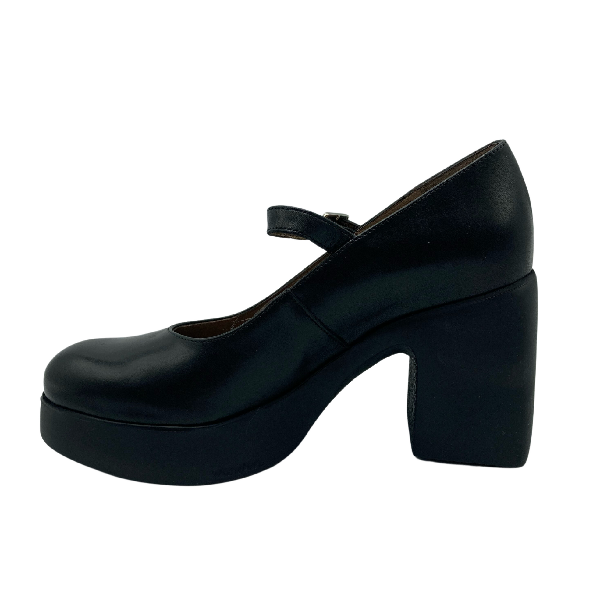 Left facing view of black leather mary jane heel