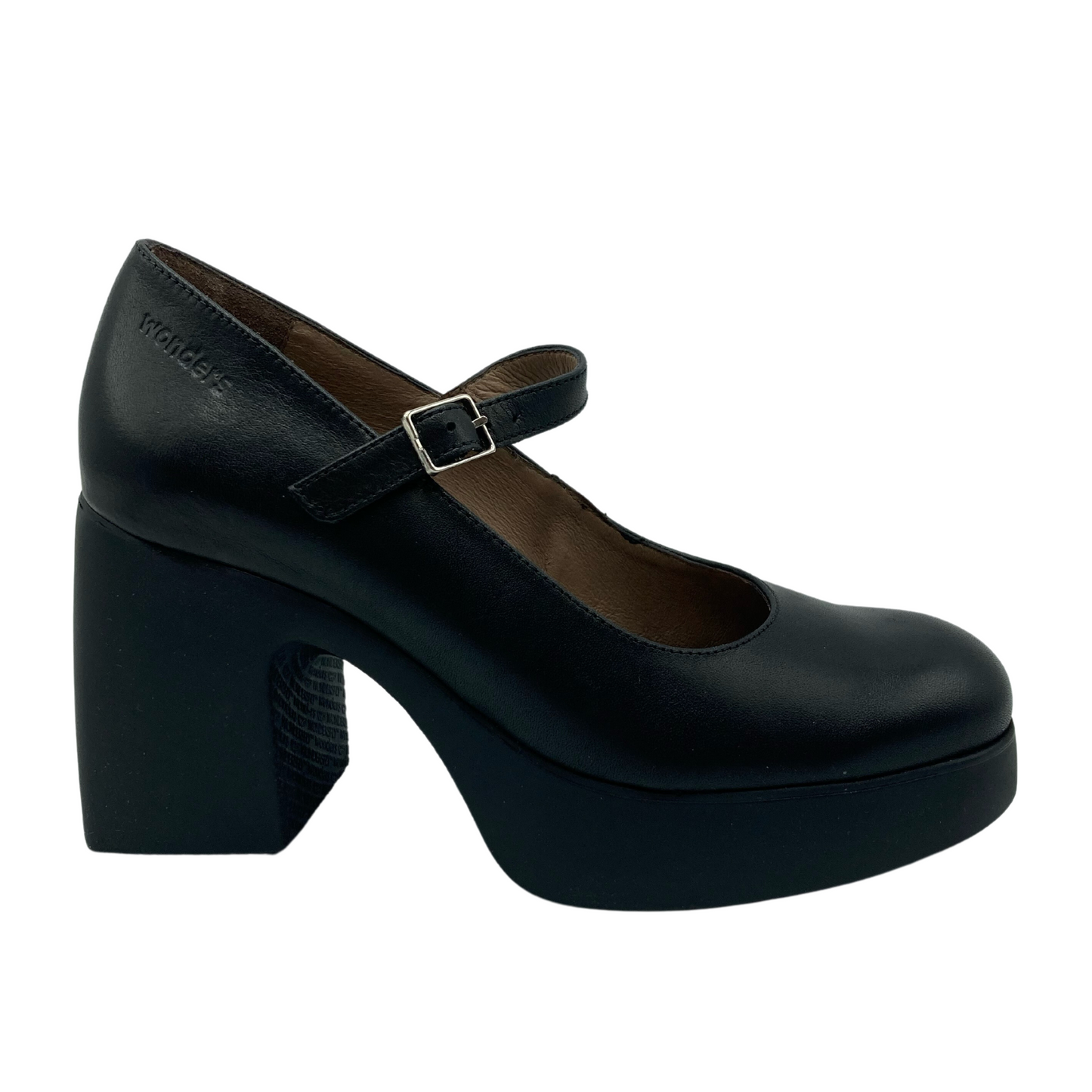 Side view of black leather Mary Jane heel
