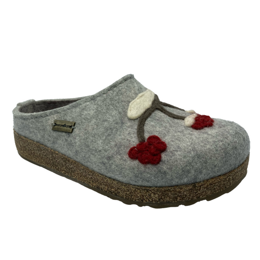 45 degree angled view of grey wool clog with cork outsole and felt detail on upper