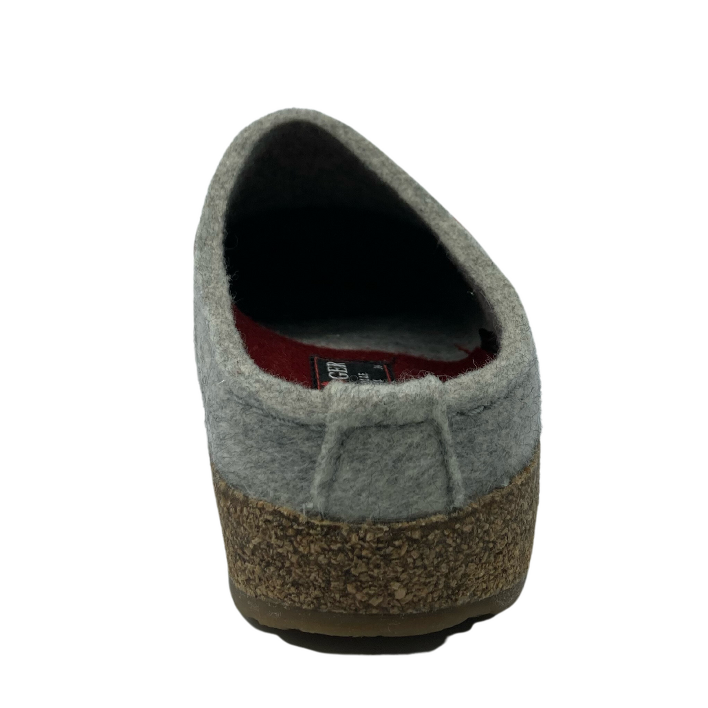 Back view of grey wool felt clog with cork outsole