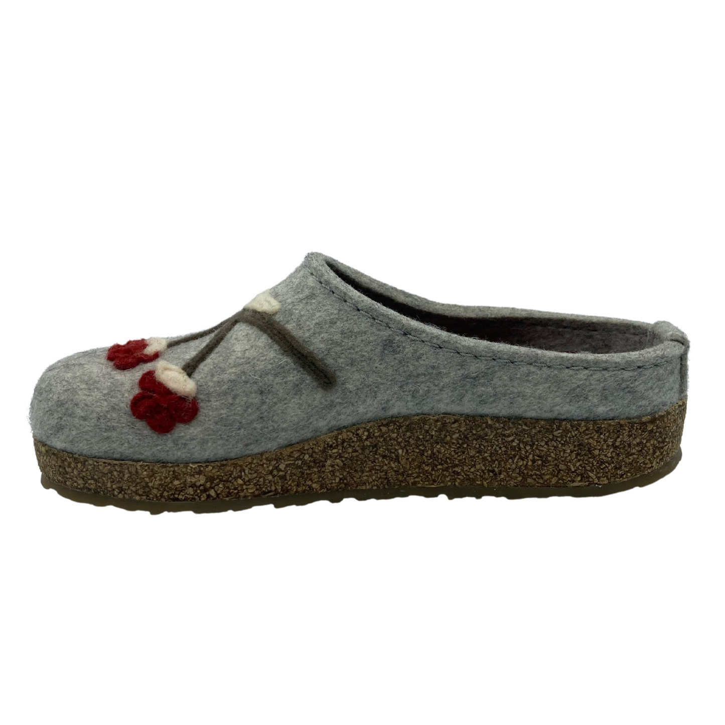 Left facing view of grey wool felt clog slipper with cork outsole