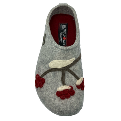 Top view of grey wool felt clog with red lining and felt berry detail on toe box