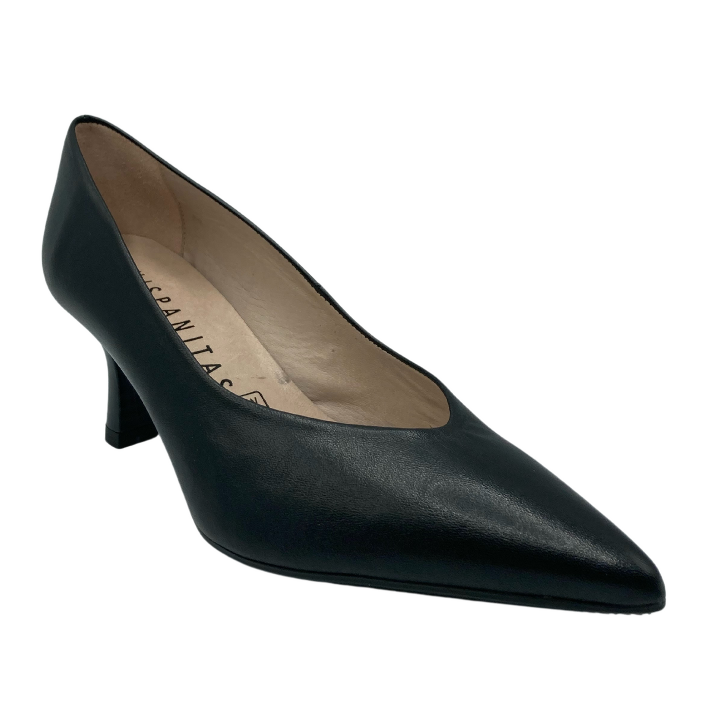 45 degree angled view of black leather pump with pointed toe and flared heel