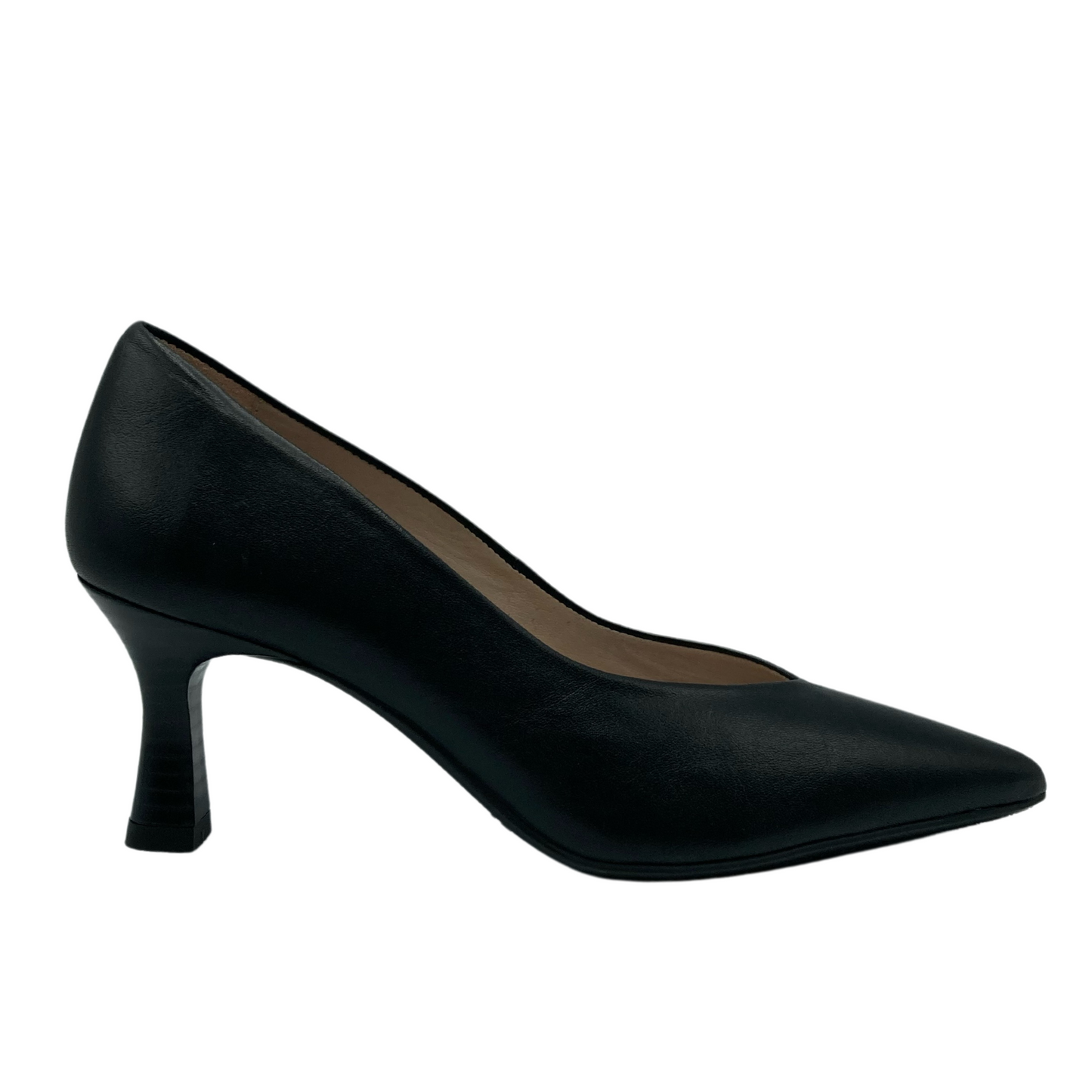 Right facing view of black leather pump with flared heel and pointed toe