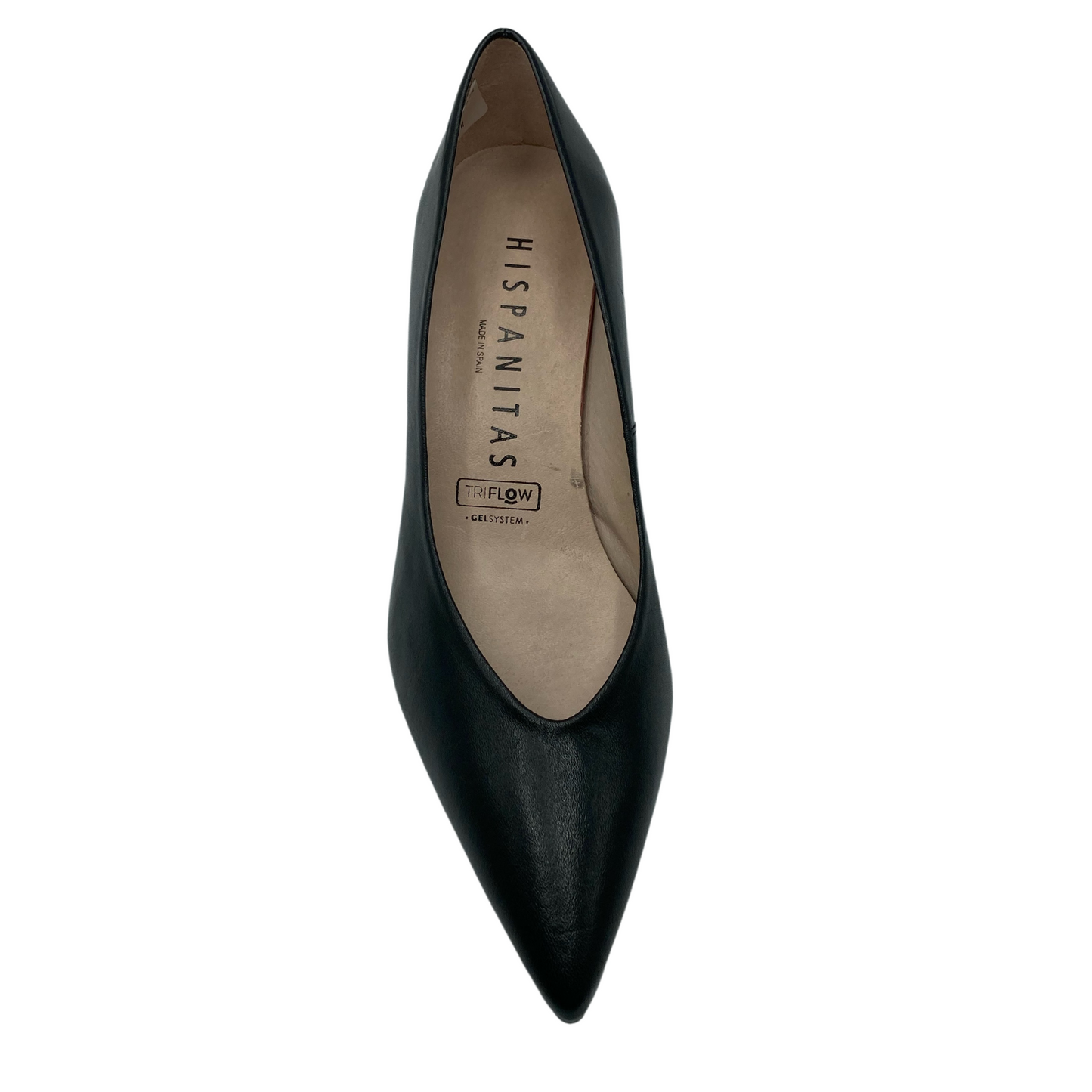 Top view of black leather pump with pointed toe and leather lining