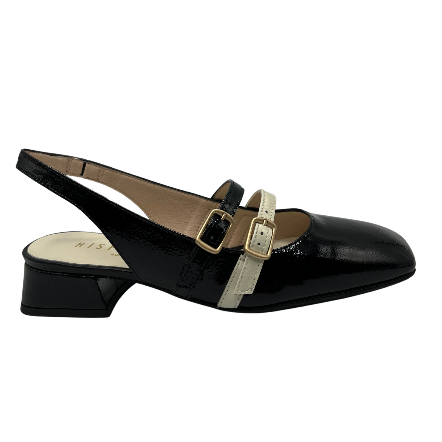 Right facing view of black patent leather mary jane with a natural coloured accent strap. Sling back strap, wrapped block heel and square toe