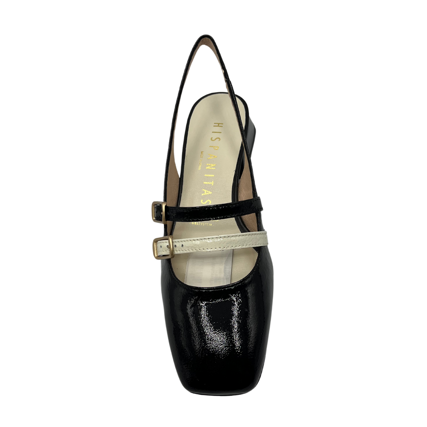 Top view of black patent leather mary jane with a natural coloured accent strap. Sling back strap, wrapped block heel and square toe