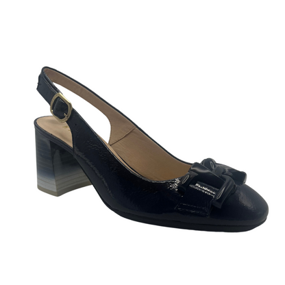 45 degree angled view of black patent sling back with chunky 2.75 inch heel