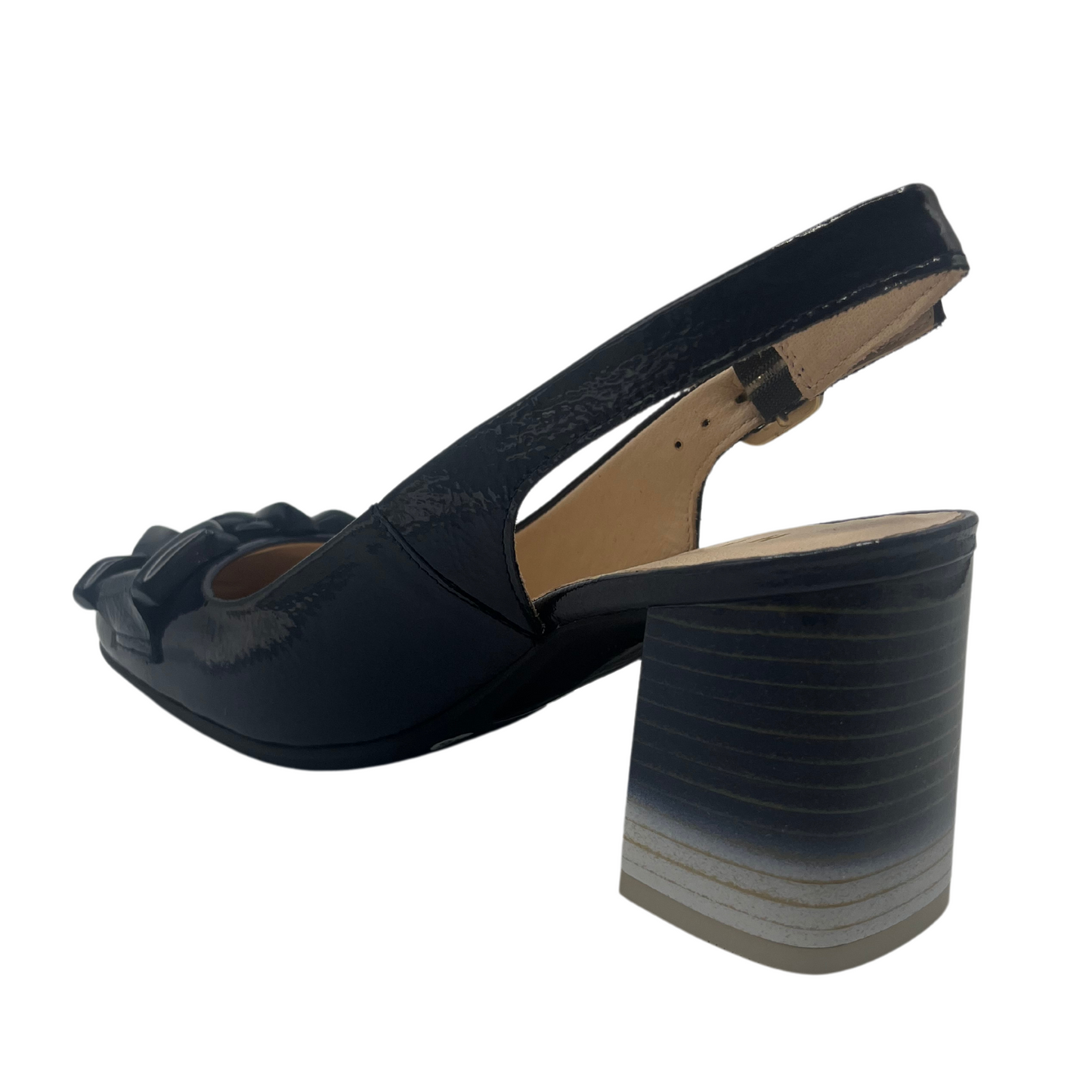 45 degree angled view of patent leather pump with sling back and ombre chunky heel