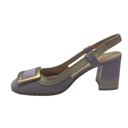 Left facing view of Lavender pump with sling back strap and chunky 2.75 inch heel