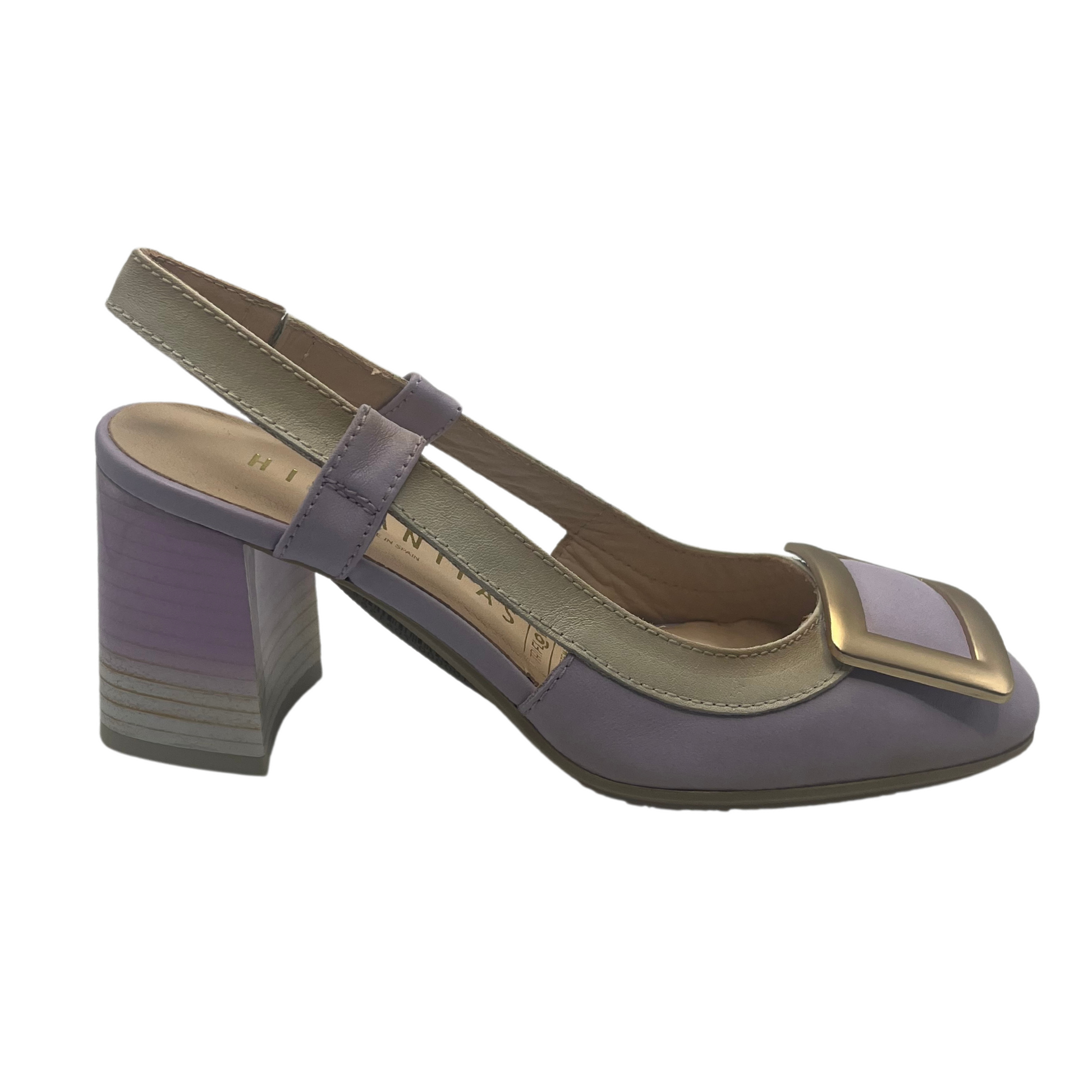 Right facing view of lavender and cream leather pump with 2.75 inch block heel and buckle strap