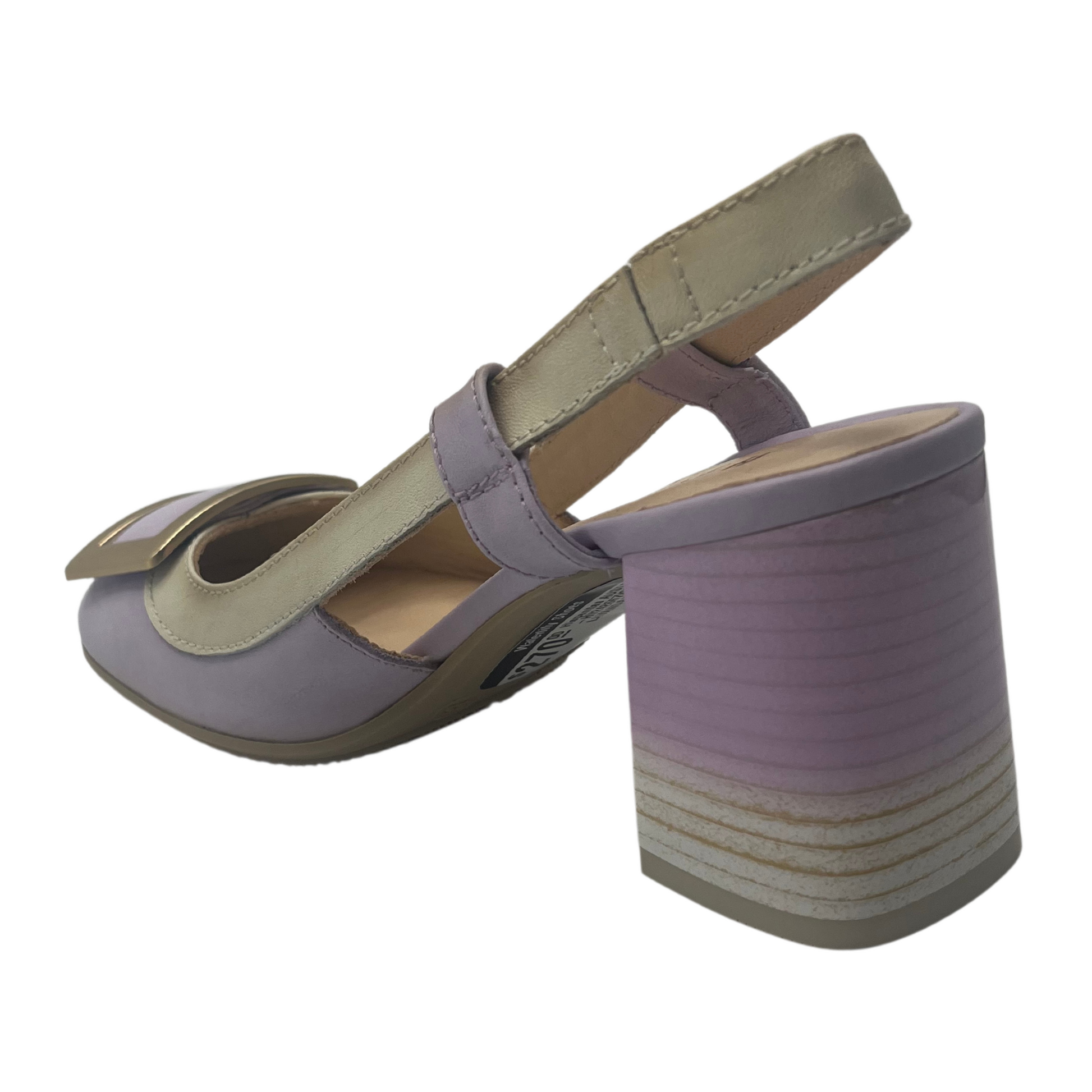 45 degree angled view of lavender pump from the back. 2.75 inch chunky heel and gold buckle detail on the toe box