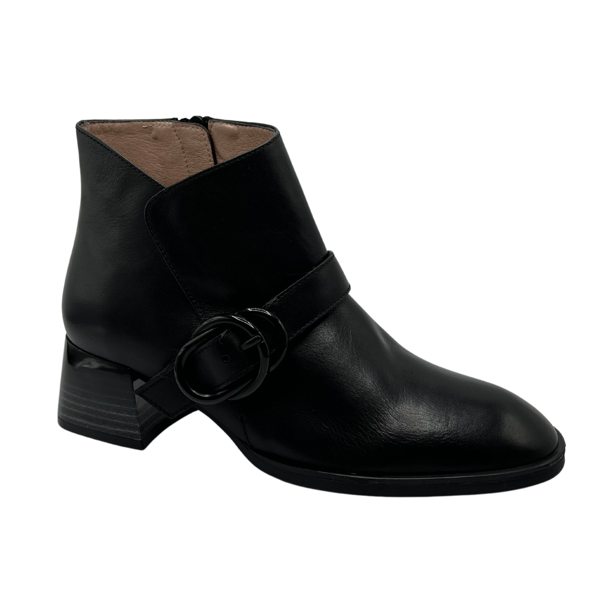 Right facing view of black leather short boots with a block heel, side zipper closure and rounded toe