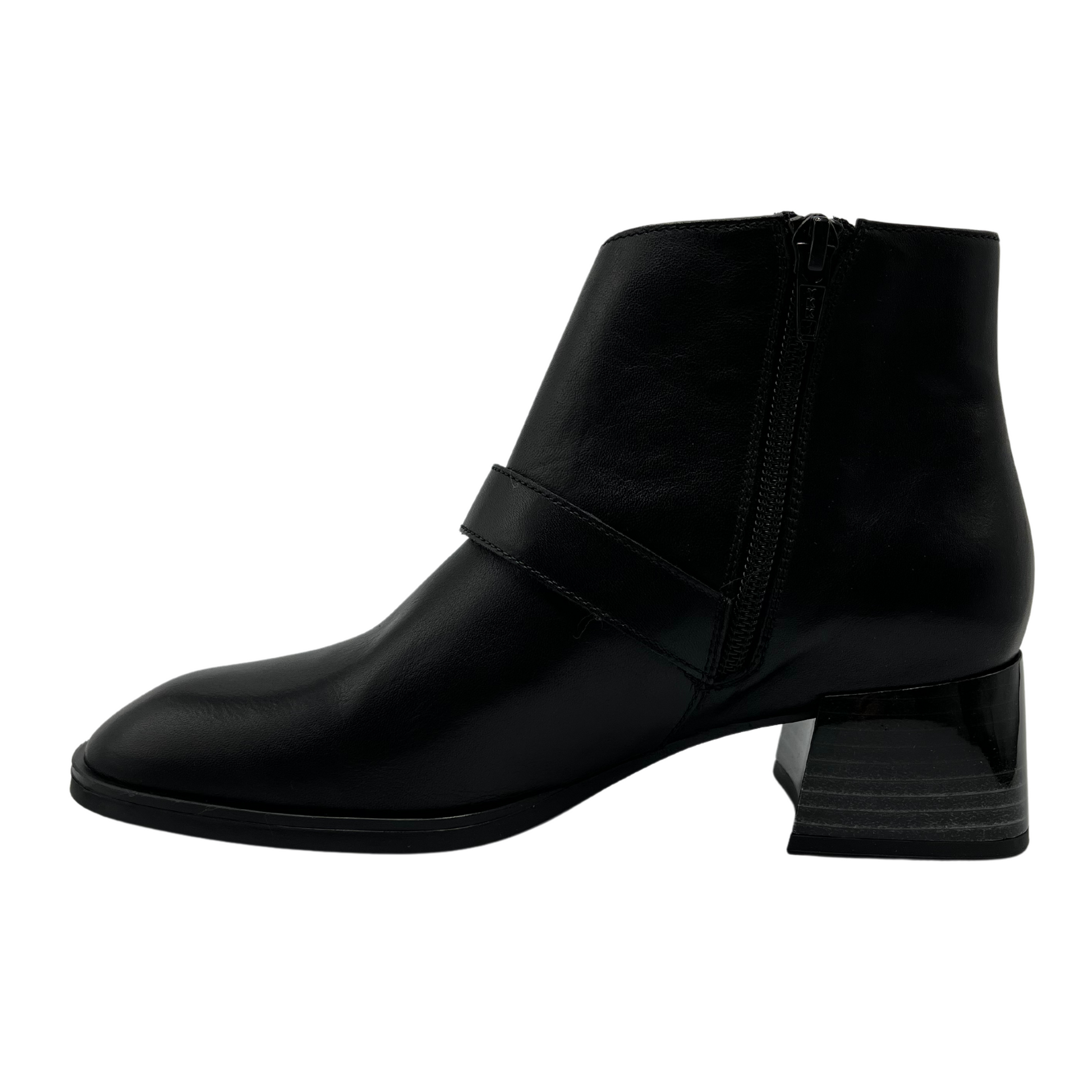 Left facing view of black leather short boots with a block heel, side zipper closure and rounded toe