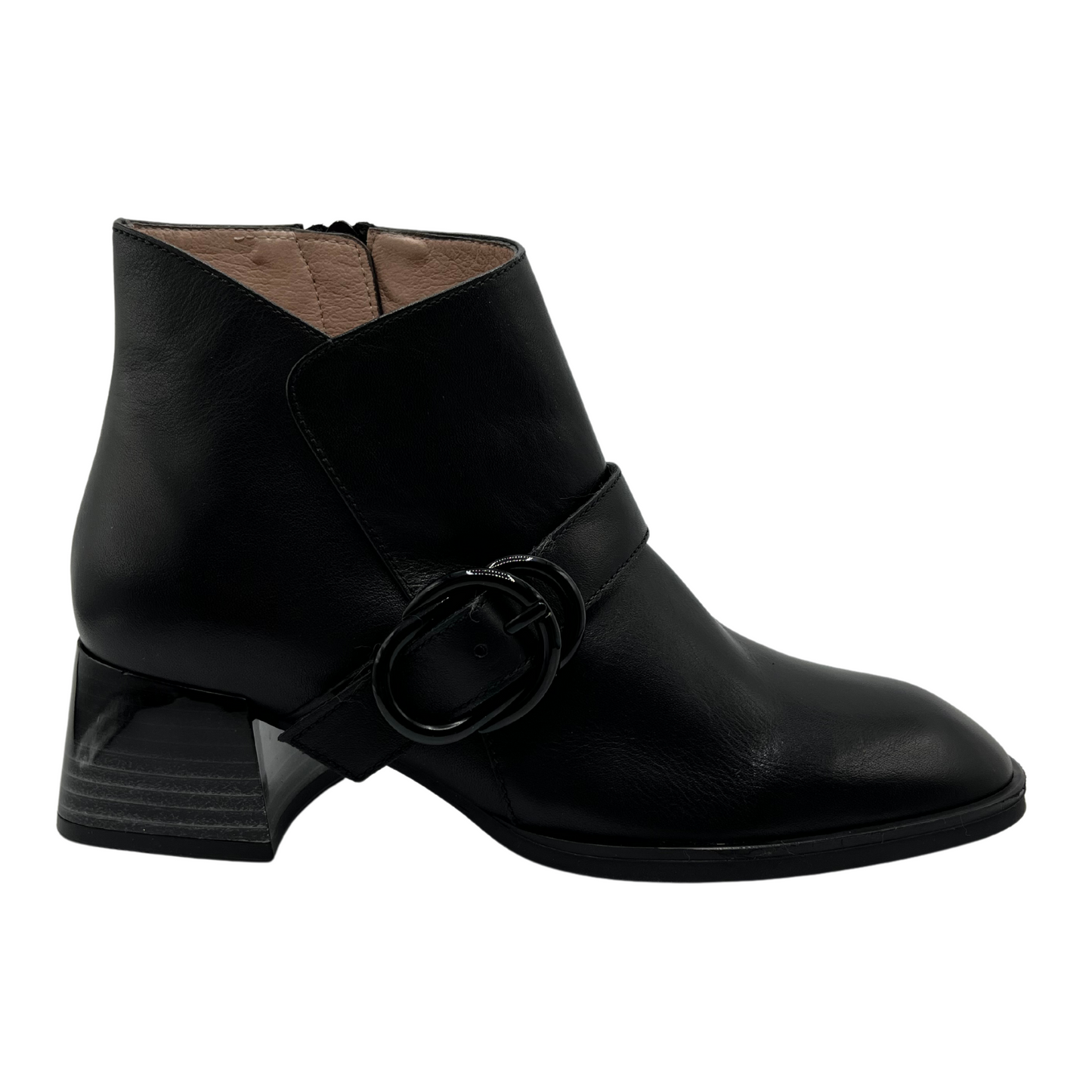 Right facing view of black leather short boots with a block heel, side zipper closure and rounded toe