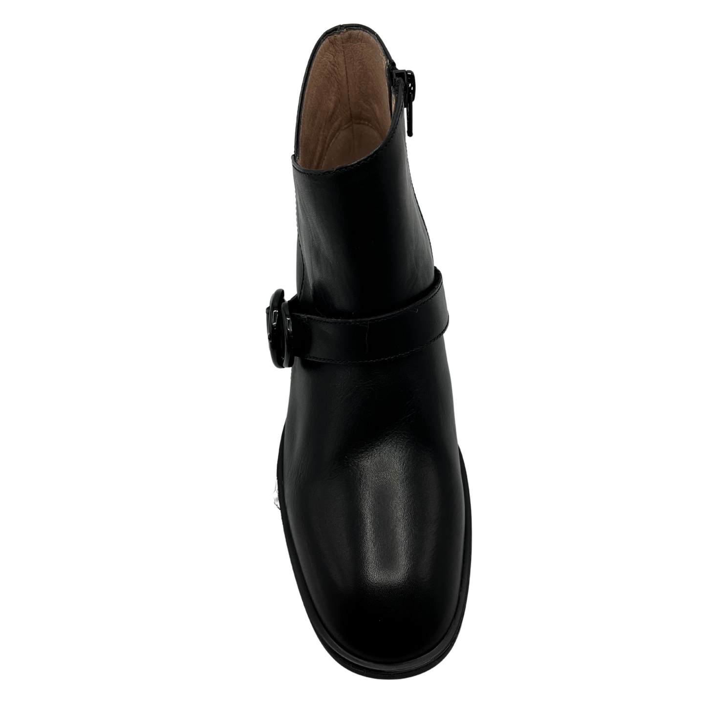 Top view of black leather short boots with a block heel, side zipper closure and rounded toe