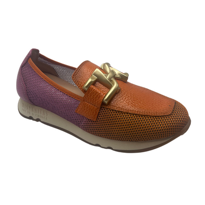 45 degree angled view of pink and orange leather sneaker with gold detail on upper and platform sole