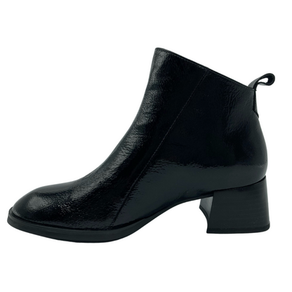 Left facing view of black ankle boot with chunky black heel