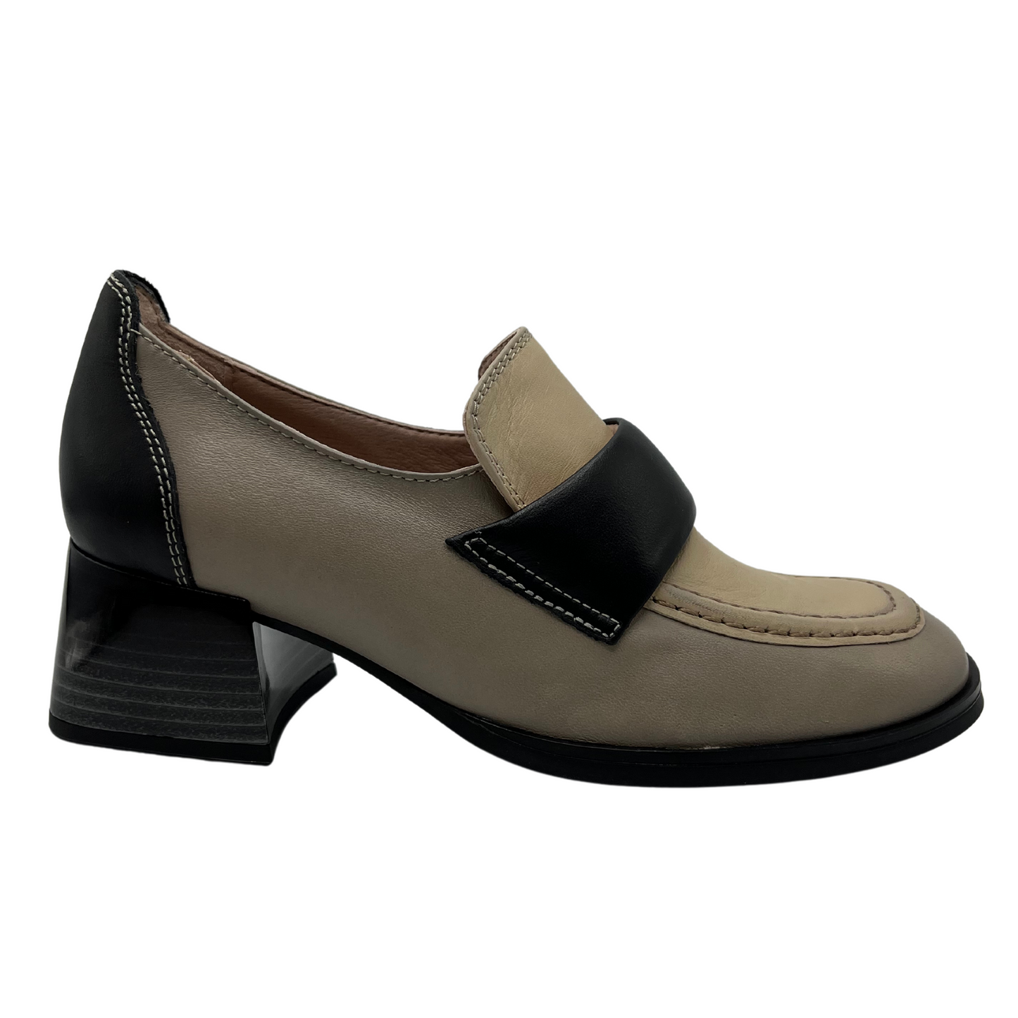 Right facing view of beige and black leather loafer with block stacked heel and rounded toe