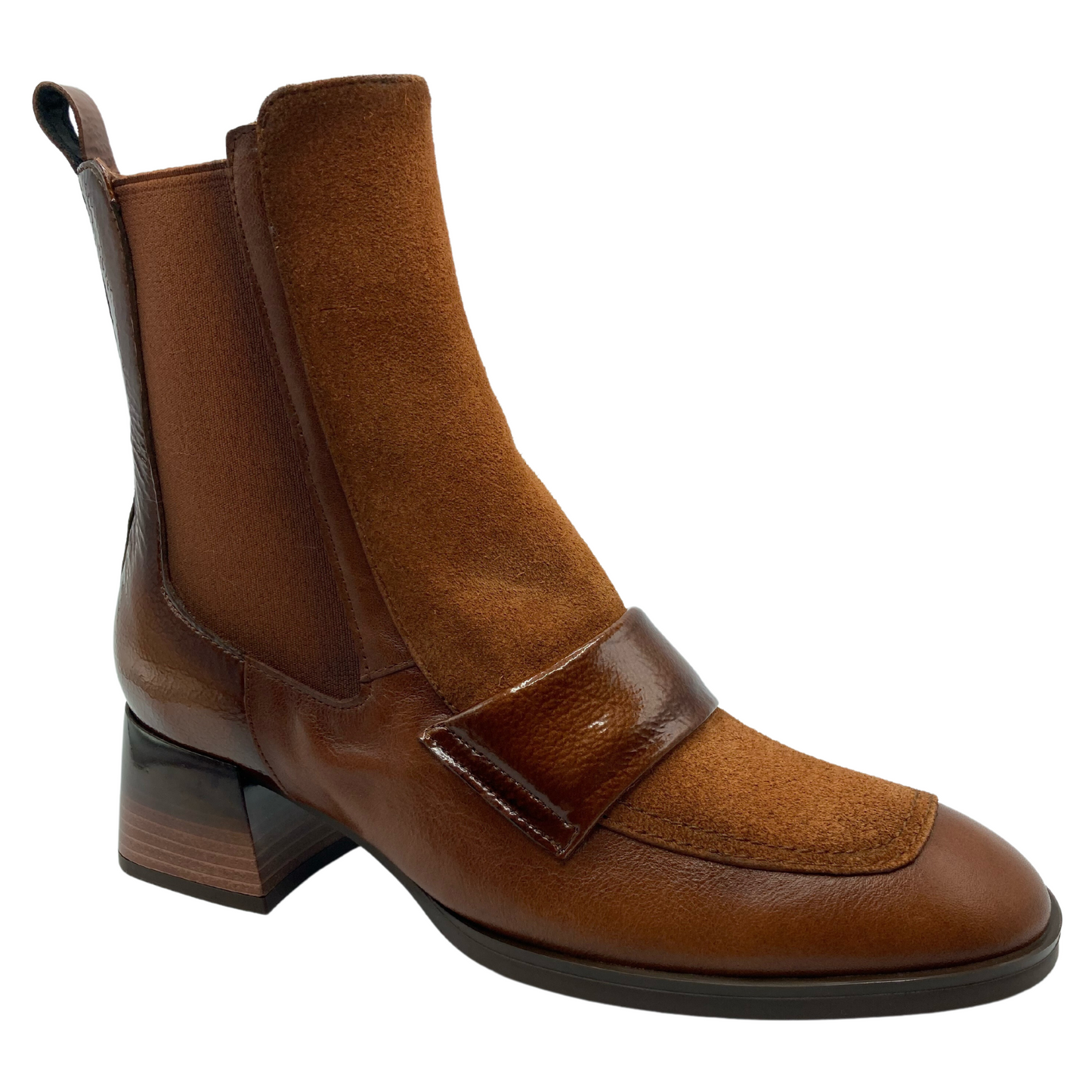 45 degree angled view of brown leather and suede short boot with block heel and elasticated side gore