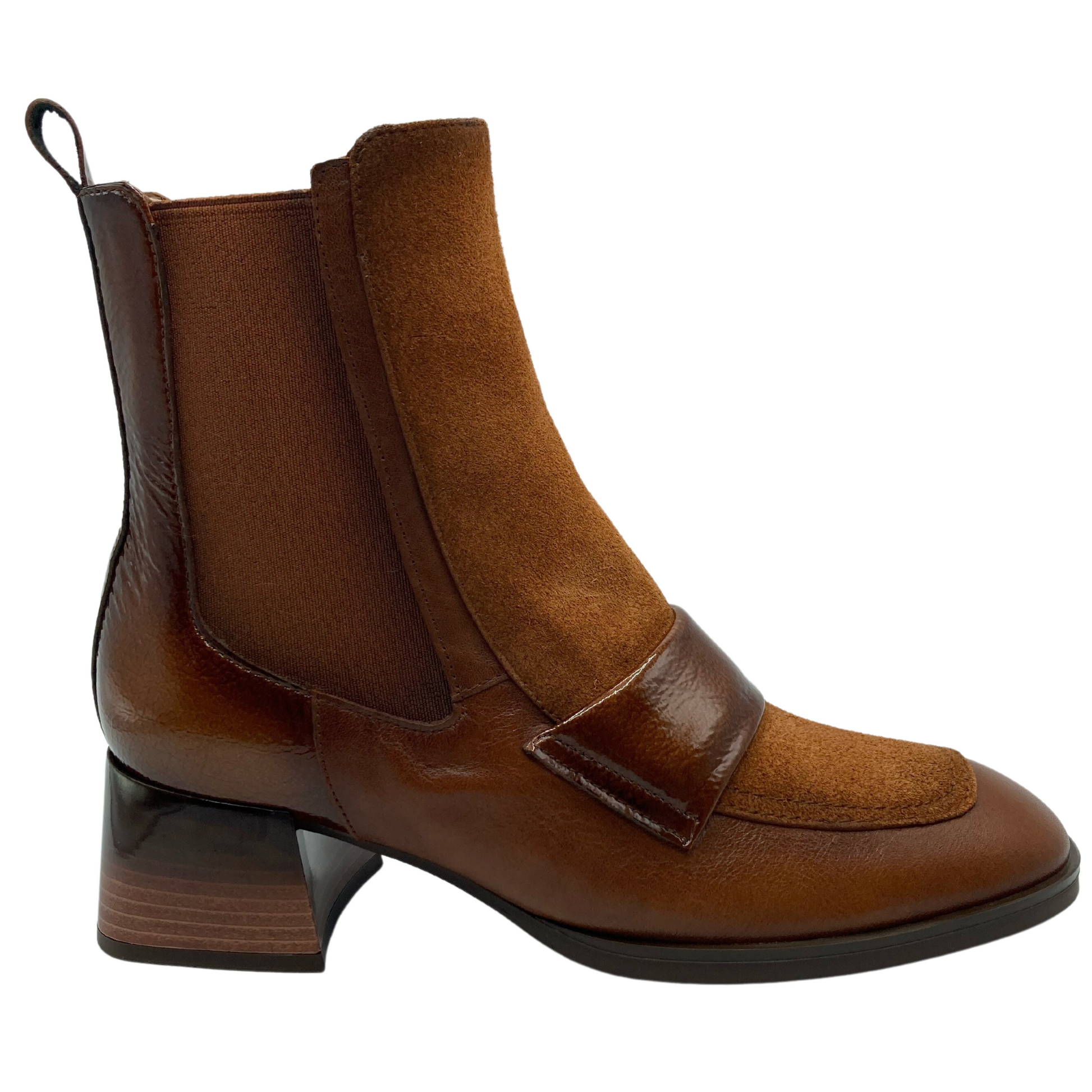 Right facing view of brown leather and suede short boot with elasticated side gore and block heel