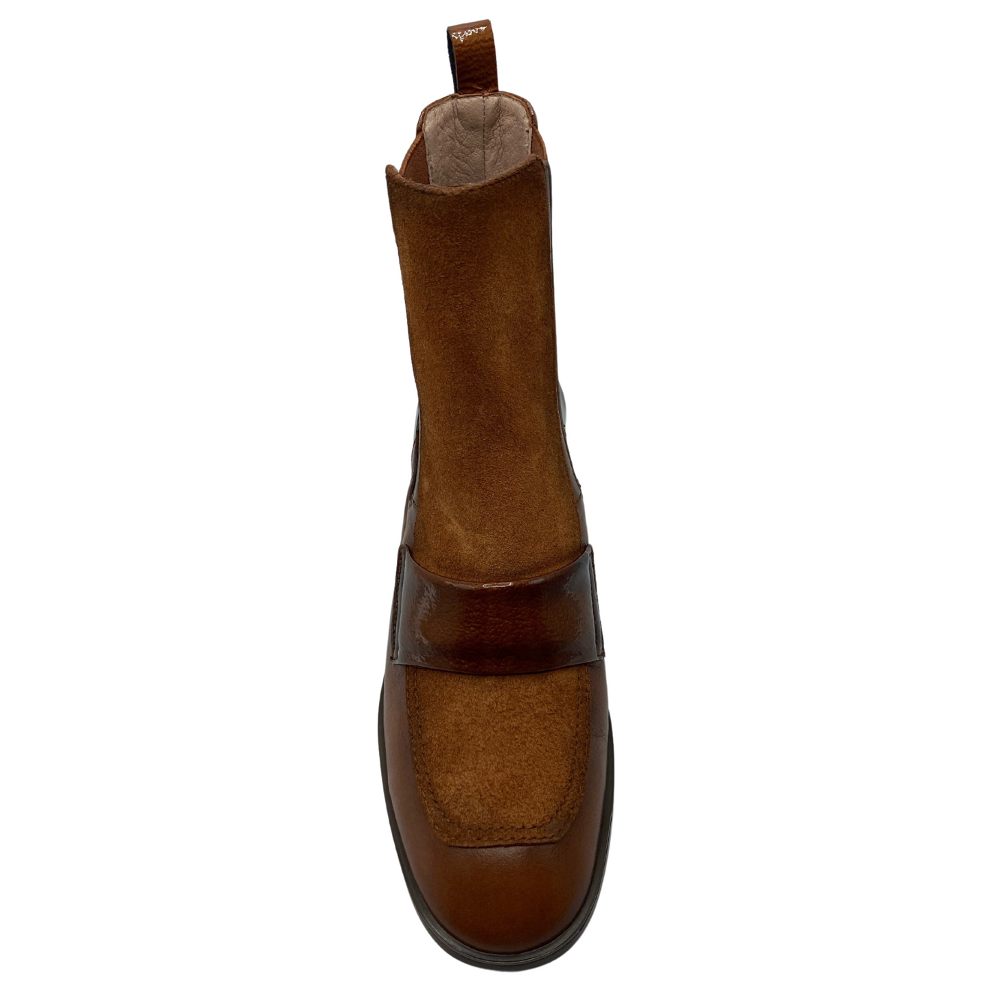 Top view of almond toe short boot made of brown suede and leather