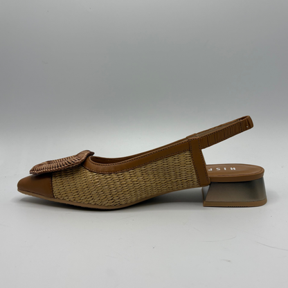 Brown woven sandal with a slingback design on a gray background