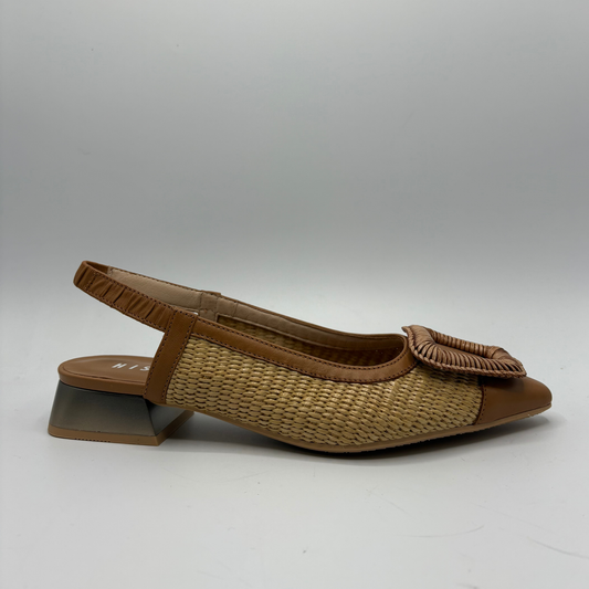 Brown woven shoe with a decorative bow on a white background