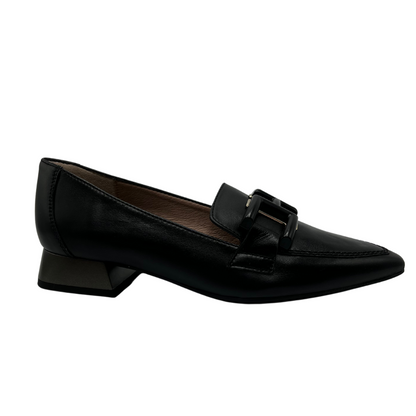 Right facing view of black leather loafer with pointed toe, buckle detail and block heel