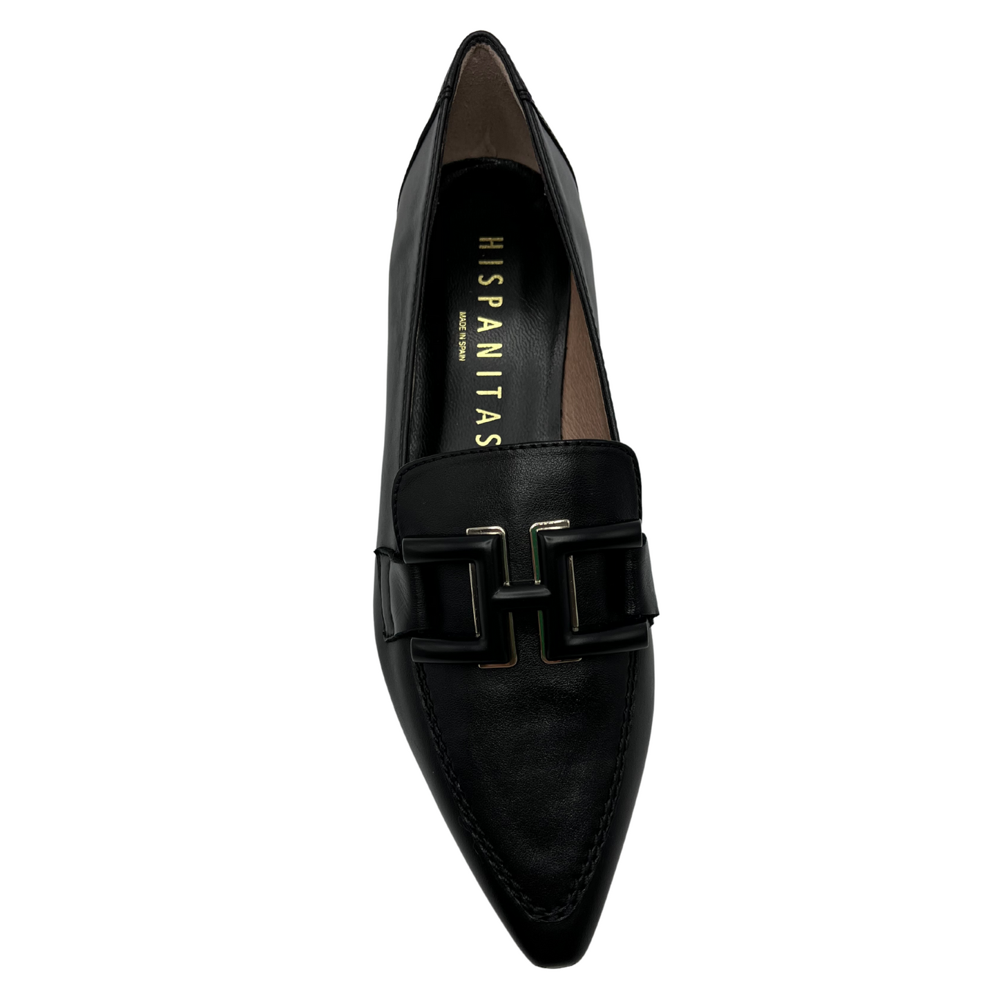 Top view of black leather loafer with pointed toe, buckle detail and block heel