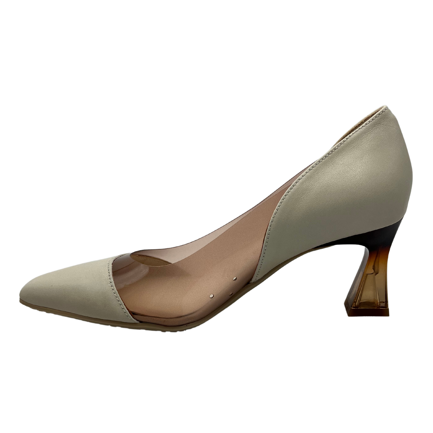 Left facing view of white and nude pump with pointed toe and flared heel
