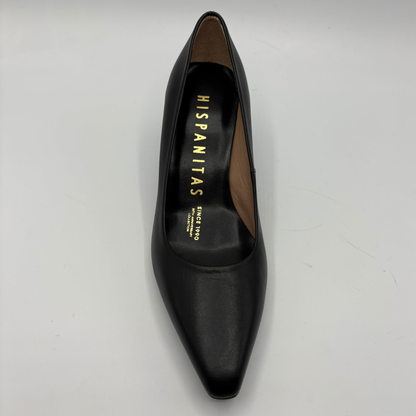 A single black leather pointed-toe pump shoe by Hispanitas, shown from a top-down angle on a light gray background.