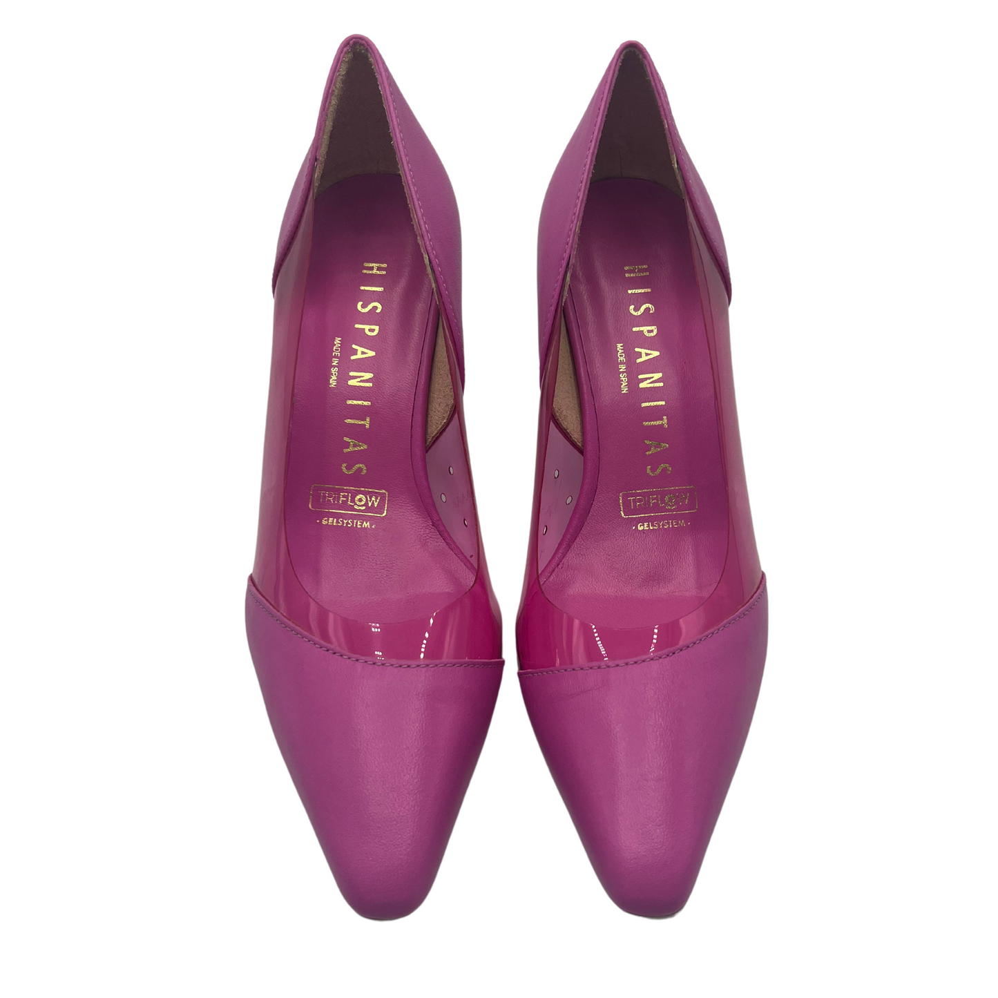 Top view of pink pointed toe pumps with pink leather lining