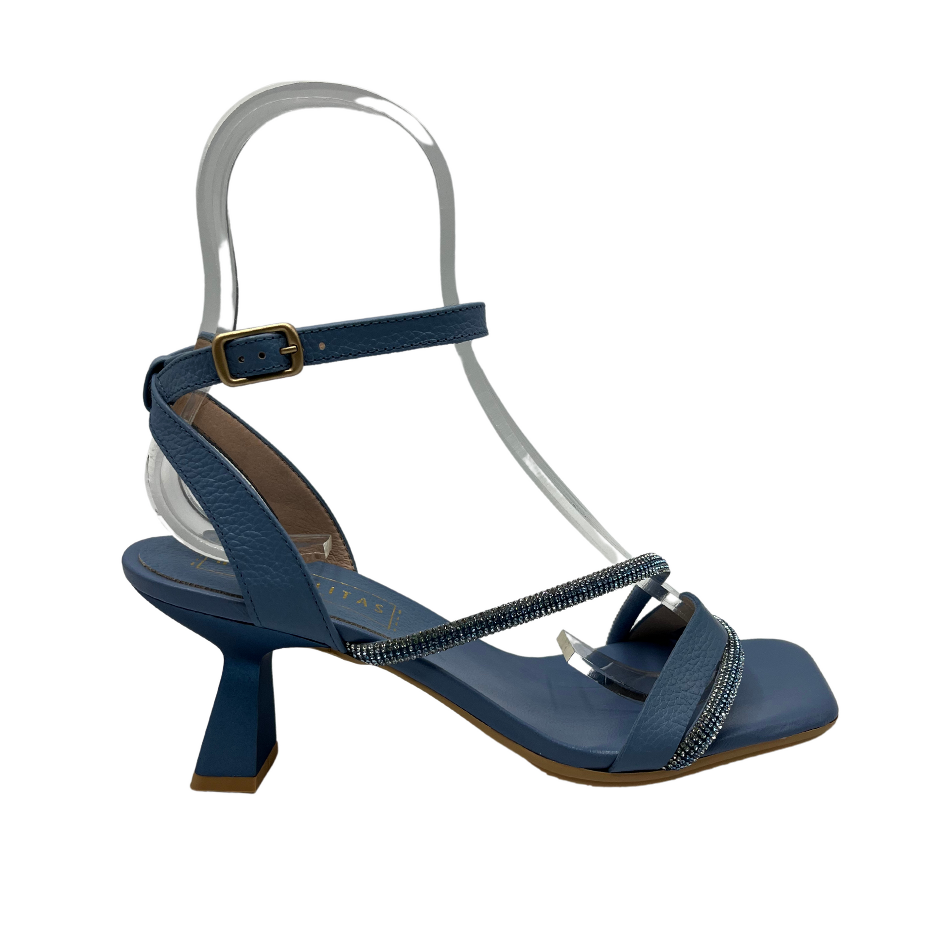 Right facing  view of blue leather strappy  sandal with a flared kitten heel and embellished accent straps.